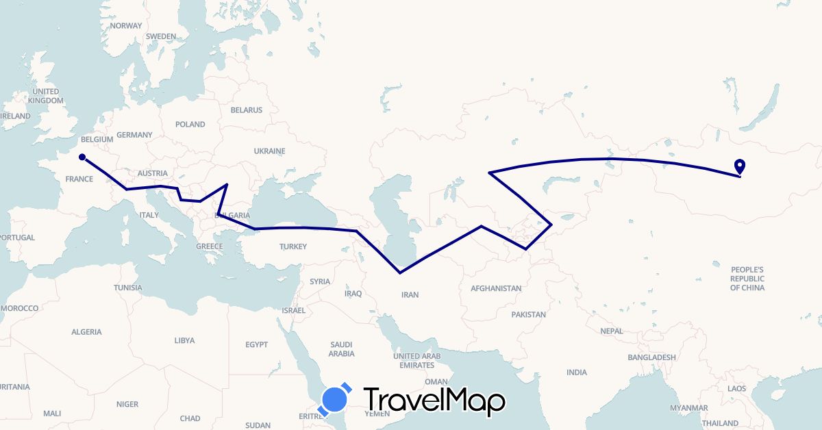 TravelMap itinerary: driving in Armenia, Bosnia and Herzegovina, Bulgaria, France, Croatia, Iran, Italy, Kyrgyzstan, Kazakhstan, Mongolia, Romania, Serbia, Slovenia, Tajikistan, Turkmenistan, Turkey, Uzbekistan (Asia, Europe)